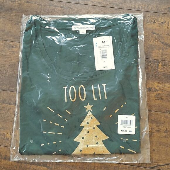 New Women's Size Small Hunter Green Too Lit To Quit Scoop Neck Christmas Tee - Picture 6 of 9